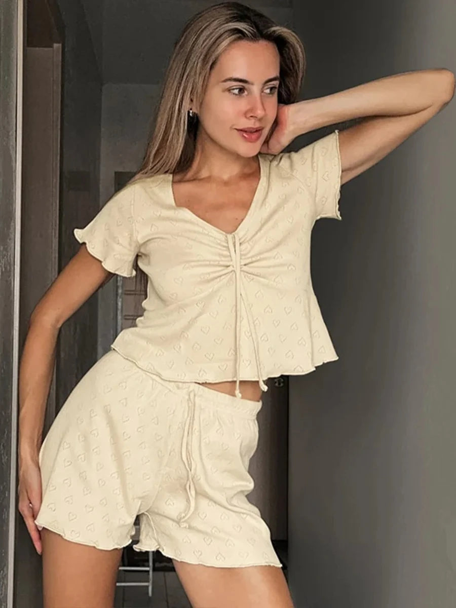 Blubelle Drawstring Short Sleeved Shorts Pajama Set Summer New Jacquard Pajamas women's Home Clothes Shorts 2-piece Set