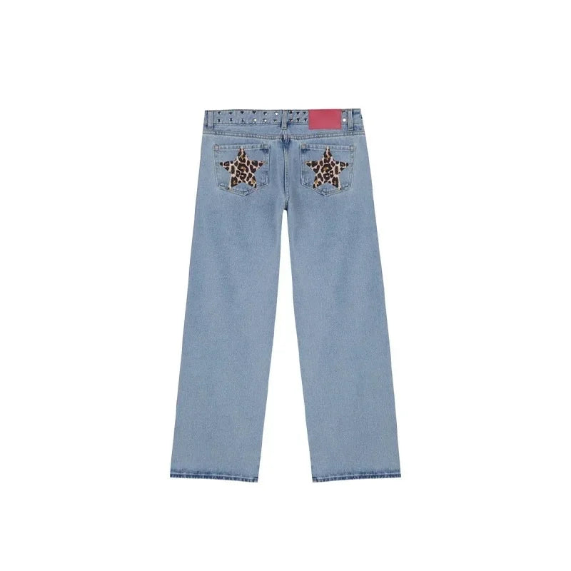 Y2K Vintage Jeans Flash Silver Star Pattern Metal Rivet Jeans Female Baggy Casual Straight Leg Denim Pants Simple Women Clothing