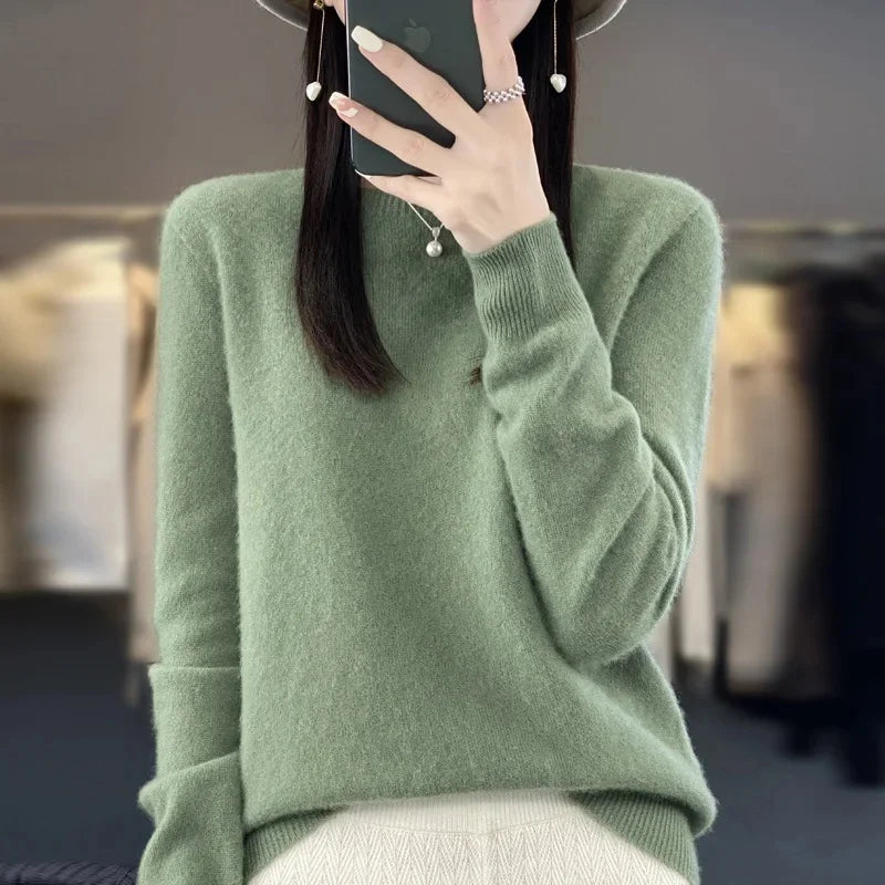 Elegant Crew Neck Knitwear Women's Long Sleeve Wool Sweater Simple Quality Base Layer Shirt Versatile Fashionable Chinese Brand