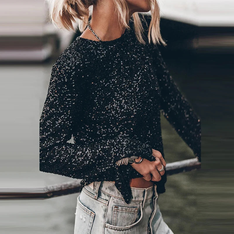 Women Sexy Hollow Backless Blouse Autumn Casual Long Sleeve Loose Pullover Tops Spring Elegant O-neck Shiny Sequin Party Shirts