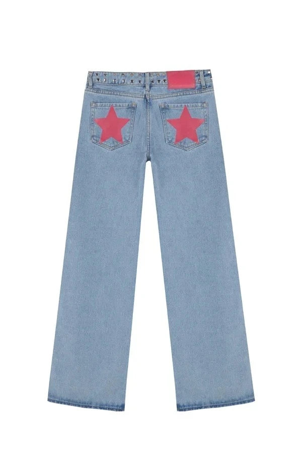Y2K Vintage Jeans Flash Silver Star Pattern Metal Rivet Jeans Female Baggy Casual Straight Leg Denim Pants Simple Women Clothing