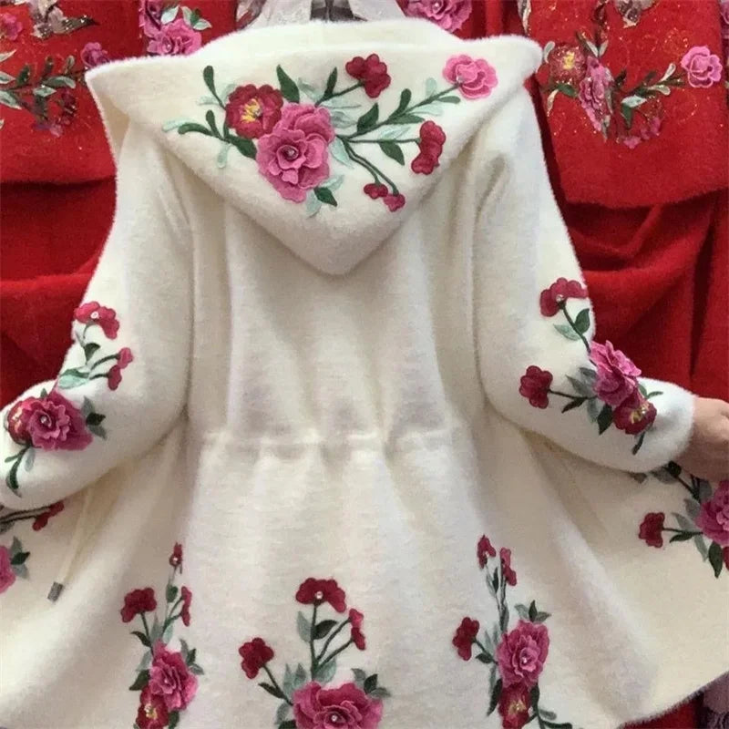 Autumn Winter New 2023 Women Imitation Mink Velvet Jacket Middle Aged Mother Hooded Loose Casual Warm Knitted  Cardigan Female