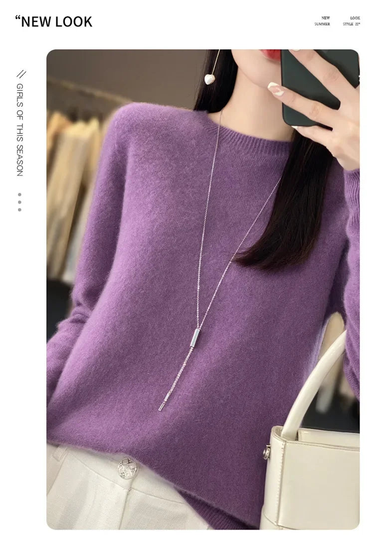 Elegant Crew Neck Knitwear Women's Long Sleeve Wool Sweater Simple Quality Base Layer Shirt Versatile Fashionable Chinese Brand