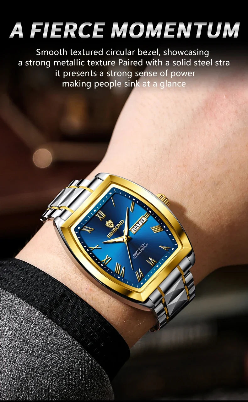 BINBOND 2pcs Couple Watches Fashion Square Quartz Watch for Lover Wateproof Luminous Date Week Men Ladies Valentine Wristwatch