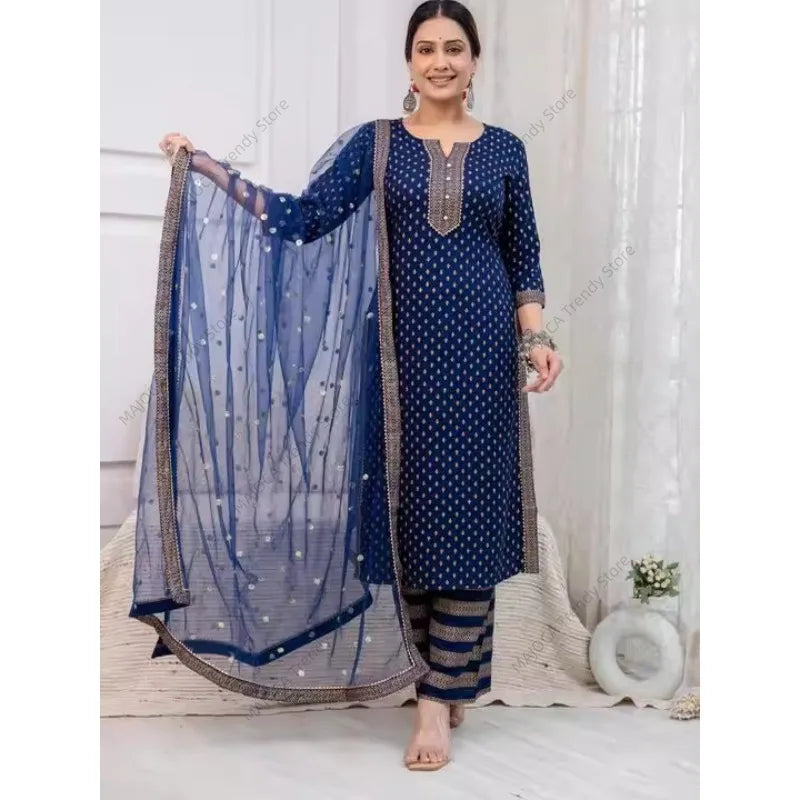 Women's Indian Ethnic Print 3-Piece Kurta Set Mid-Length Cotton Suit with Palazzo Dupatta