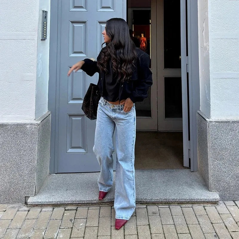 Y2K Vintage Jeans Flash Silver Star Pattern Metal Rivet Jeans Female Baggy Casual Straight Leg Denim Pants Simple Women Clothing