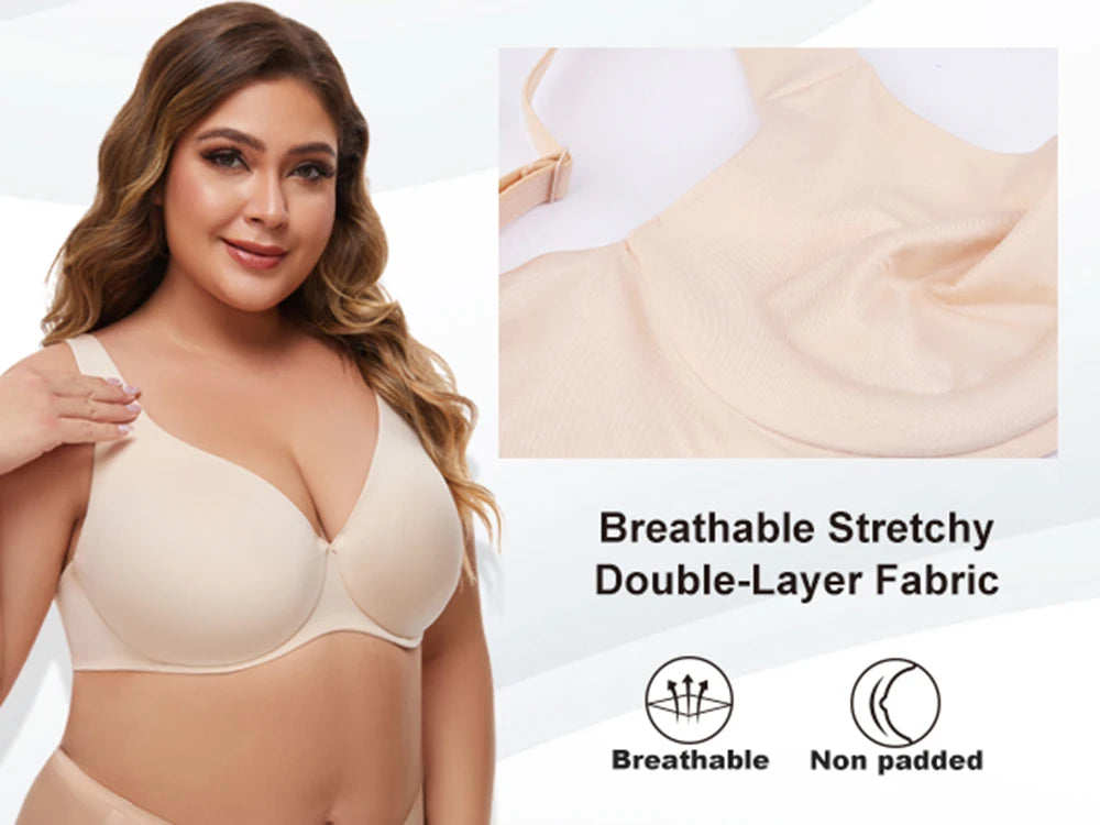 Sheroine Plus Size Underwire Bra Minimizer, Full Coverage Seamless Unlined Bras for Women Unpadded Everyday Support Comfort