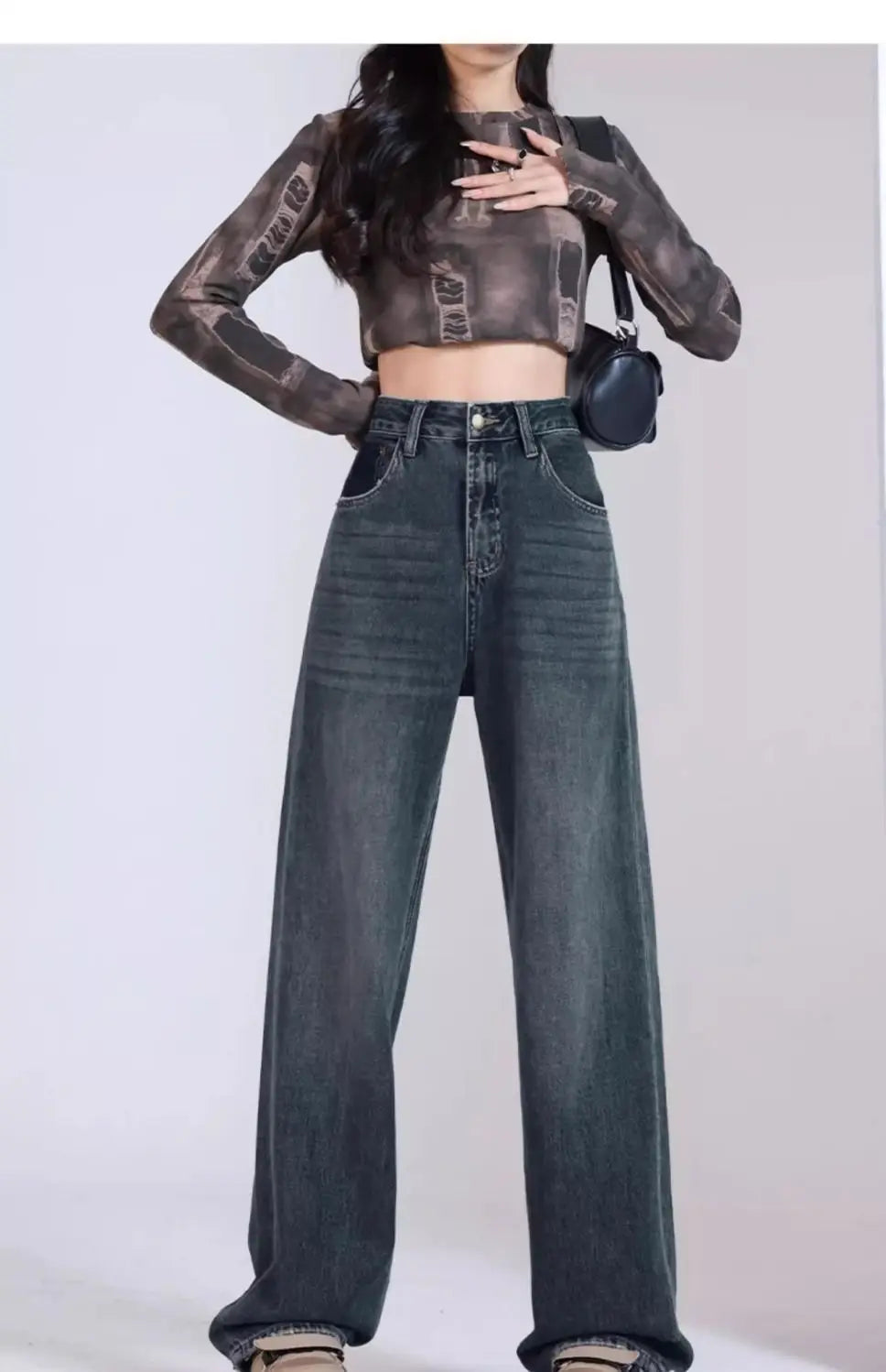 Womens Casual Straight Leg Jeans Loose Fit Denim Pants High Waist Light Blue Wide Leg Vintage Destroyed Autumn New Design