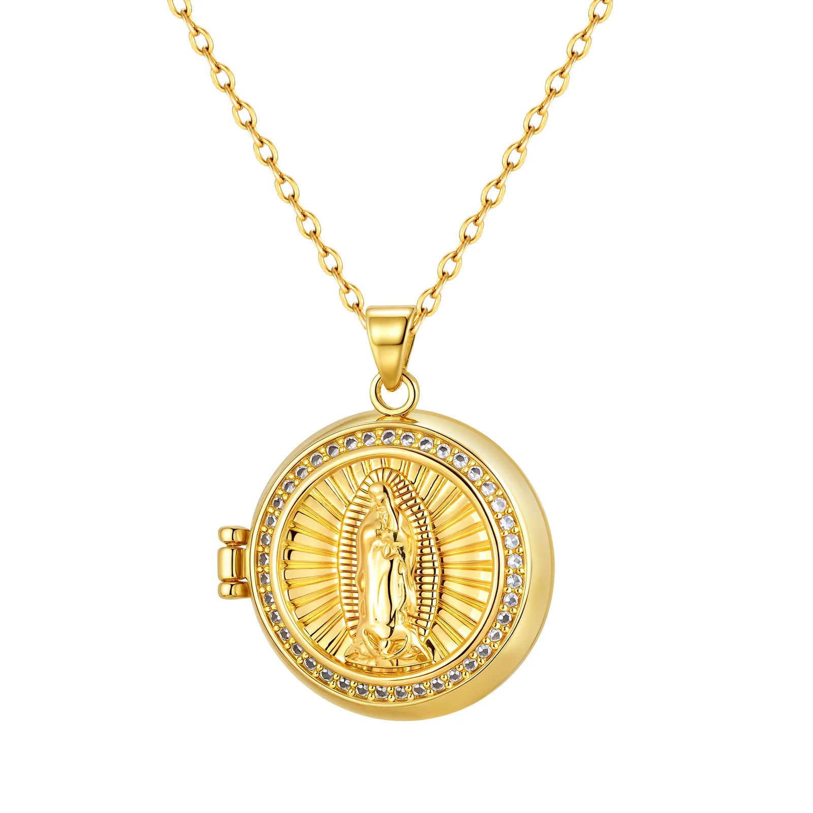 Round Zircon Virgin Mary Locked Pendant Necklace for Women, No Photo, Adjustable Link Jewelry