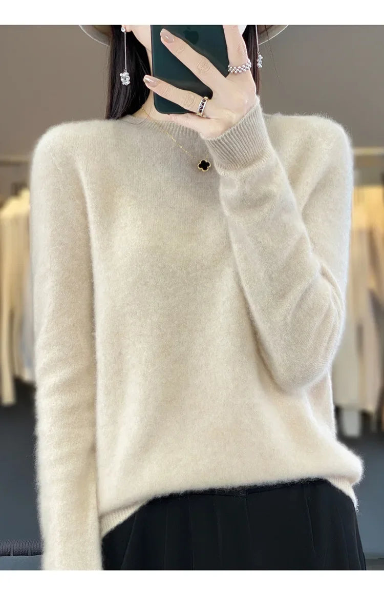 Elegant Crew Neck Knitwear Women's Long Sleeve Wool Sweater Simple Quality Base Layer Shirt Versatile Fashionable Chinese Brand