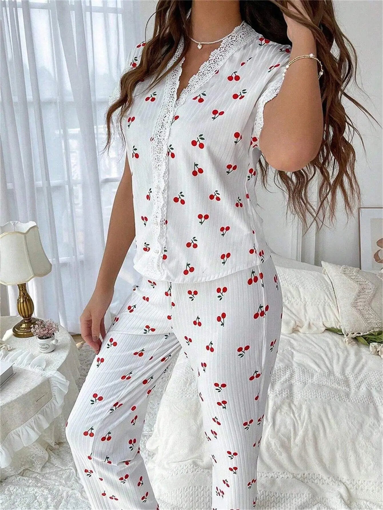 New Elegant Women's Pajamas Cherry Printed Lace Lace Decoration Button Short Sleeve Long Pants Loungewear Set