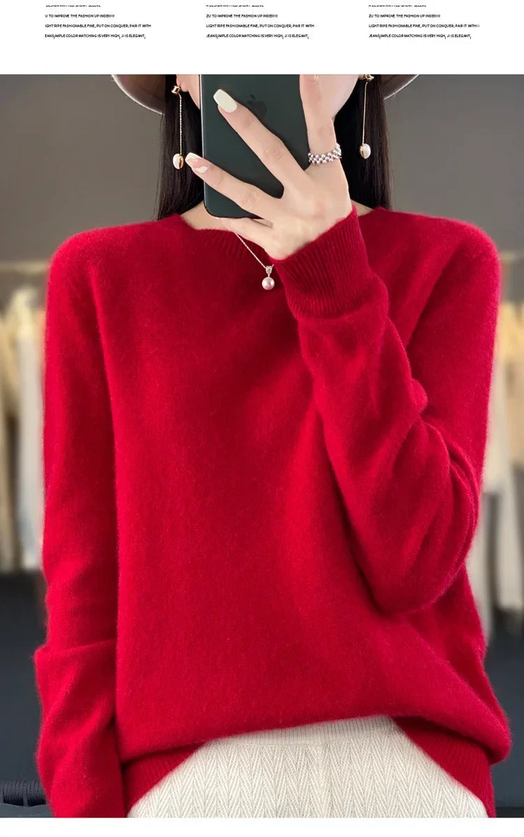 Elegant Crew Neck Knitwear Women's Long Sleeve Wool Sweater Simple Quality Base Layer Shirt Versatile Fashionable Chinese Brand