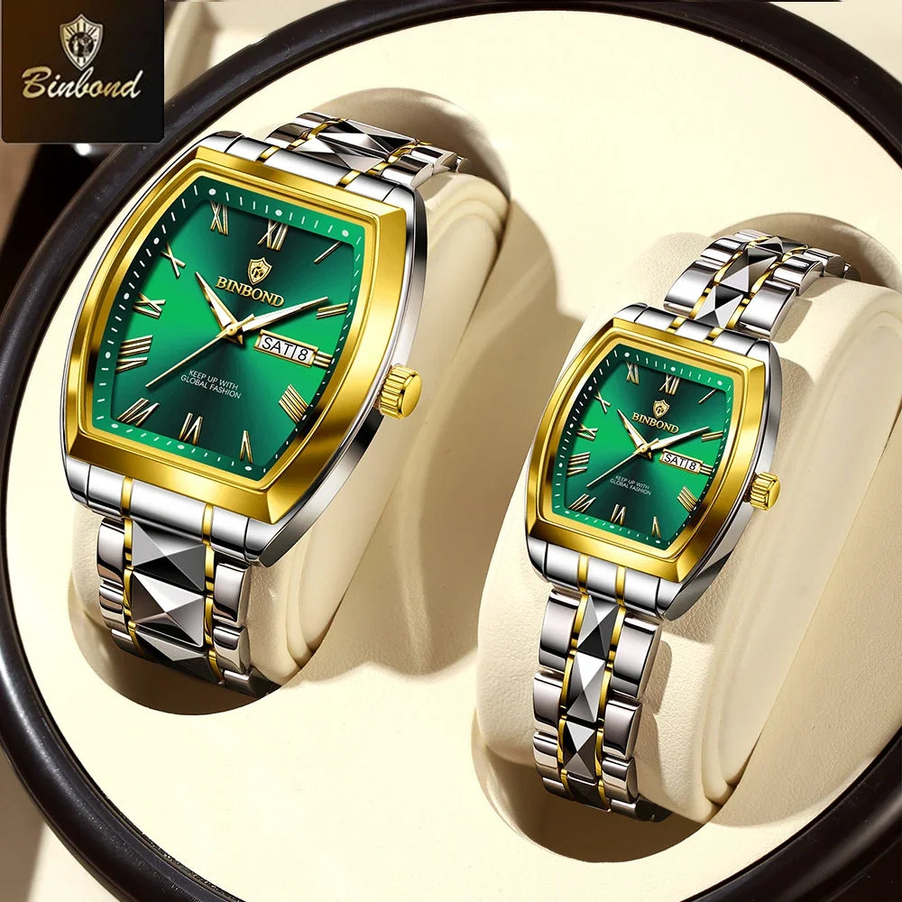 BINBOND 2pcs Couple Watches Fashion Square Quartz Watch for Lover Wateproof Luminous Date Week Men Ladies Valentine Wristwatch
