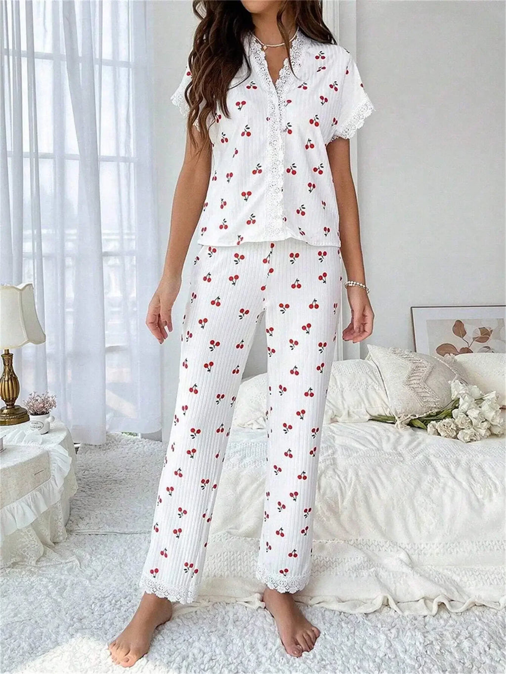New Elegant Women's Pajamas Cherry Printed Lace Lace Decoration Button Short Sleeve Long Pants Loungewear Set