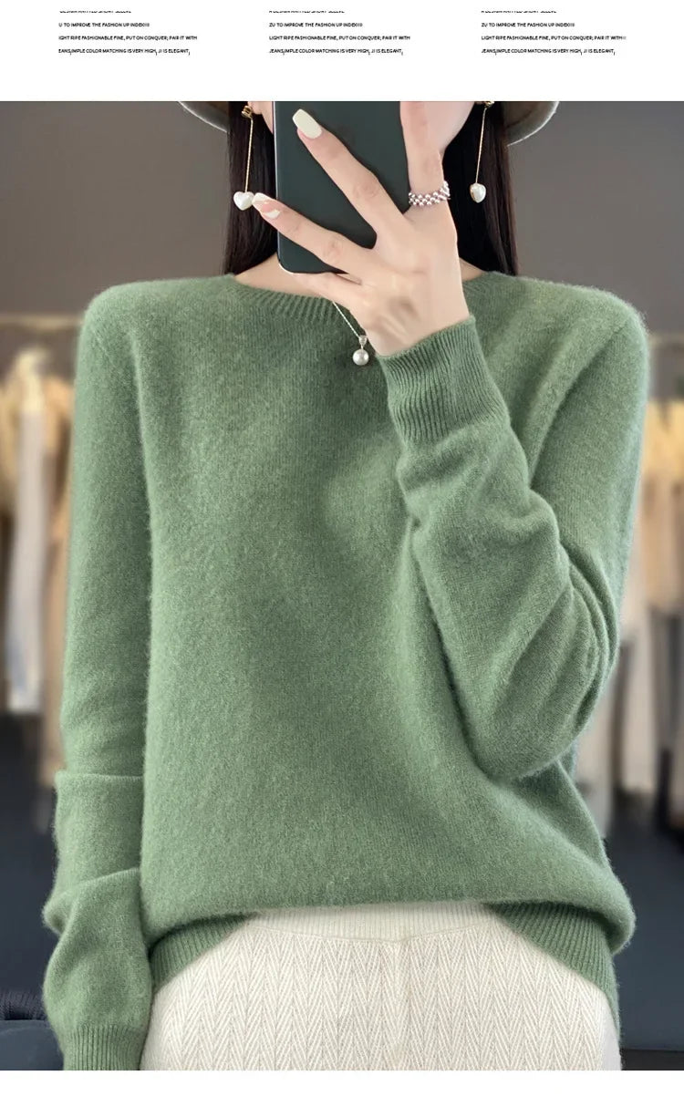 Elegant Crew Neck Knitwear Women's Long Sleeve Wool Sweater Simple Quality Base Layer Shirt Versatile Fashionable Chinese Brand