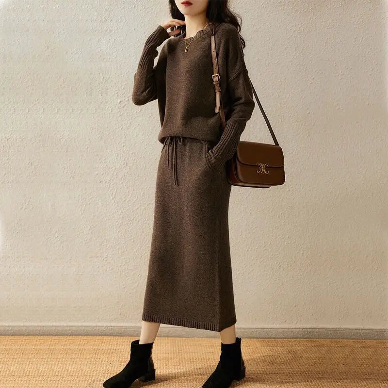 Skirt Suit Women Knitting 2 Piece Set Pullover Sweater Knitted Skirts Jumpers Autumn Winter Ensemble Vintage Knitwear Outfits