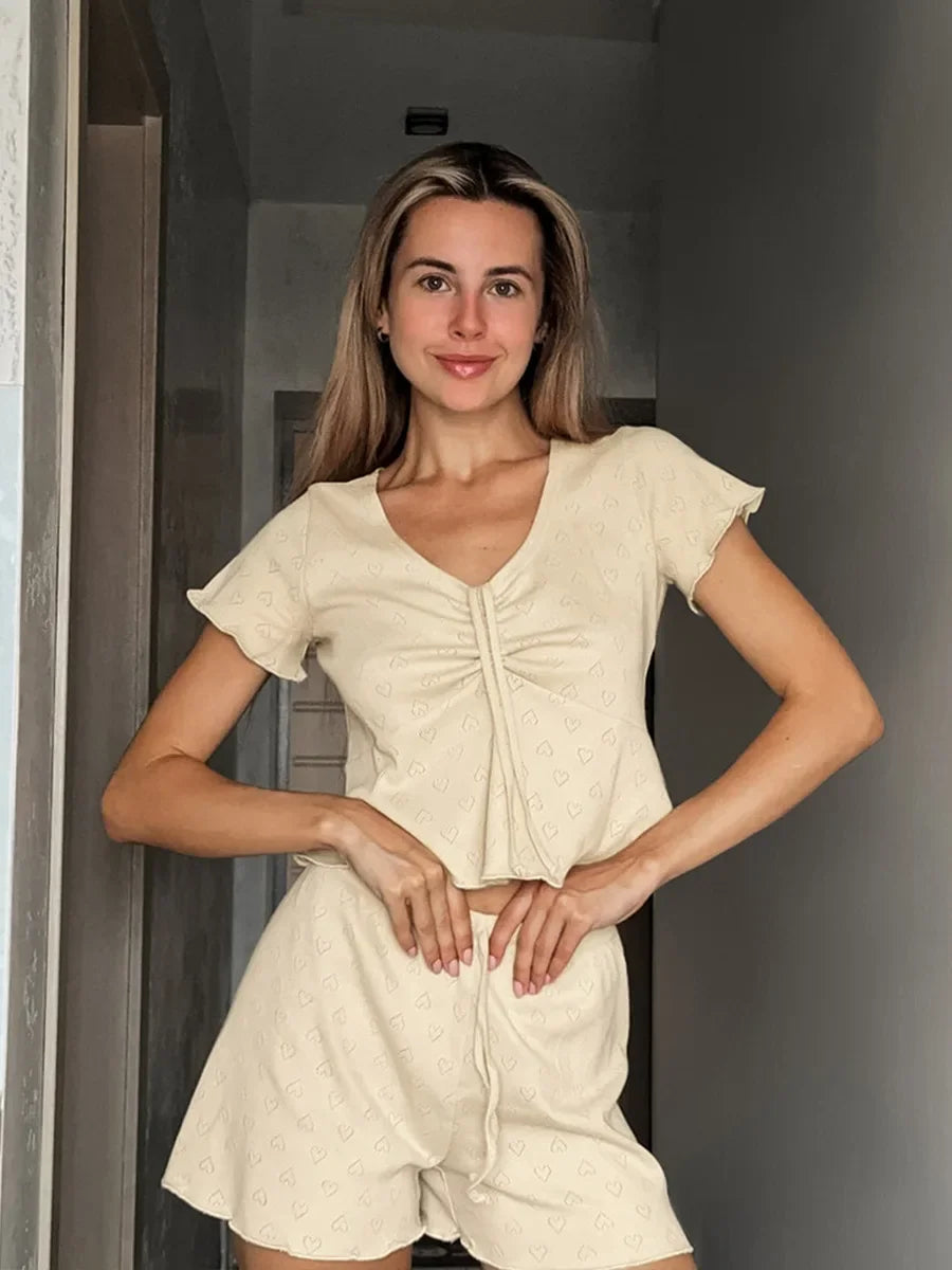 Blubelle Drawstring Short Sleeved Shorts Pajama Set Summer New Jacquard Pajamas women's Home Clothes Shorts 2-piece Set