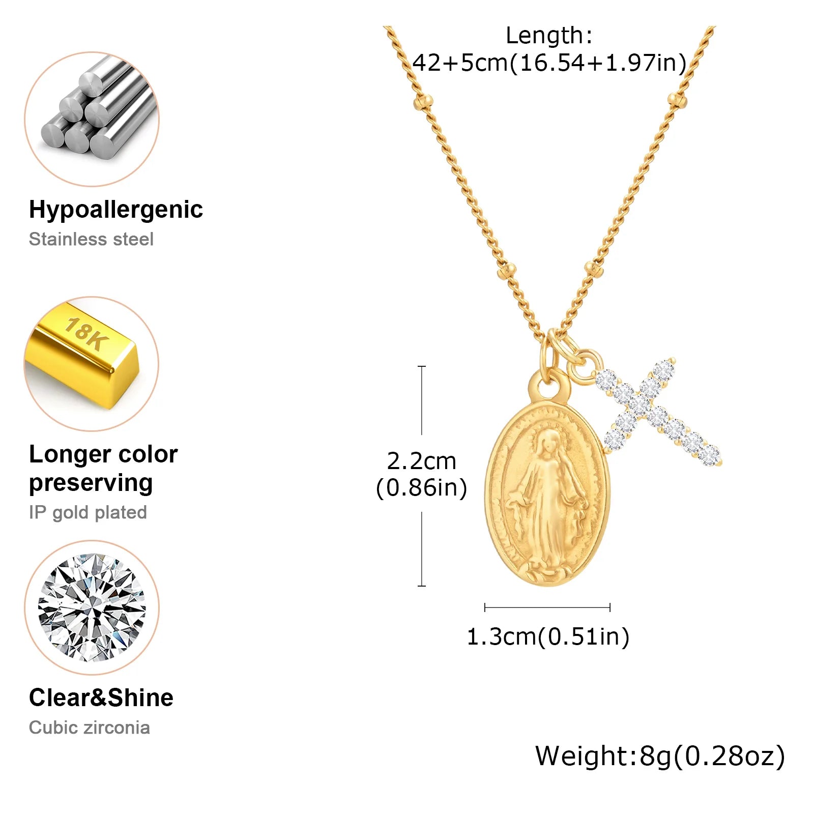 Zircon Cross Virgin Mary Pendant Necklace for Women,Stainless Steel Gold Plated Bead Chain Necklace, Religious Prayer Jewelry