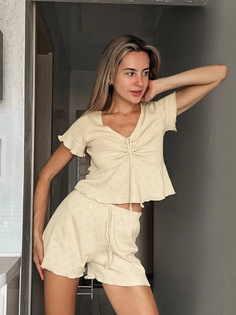 Blubelle Drawstring Short Sleeved Shorts Pajama Set Summer New Jacquard Pajamas women's Home Clothes Shorts 2-piece Set