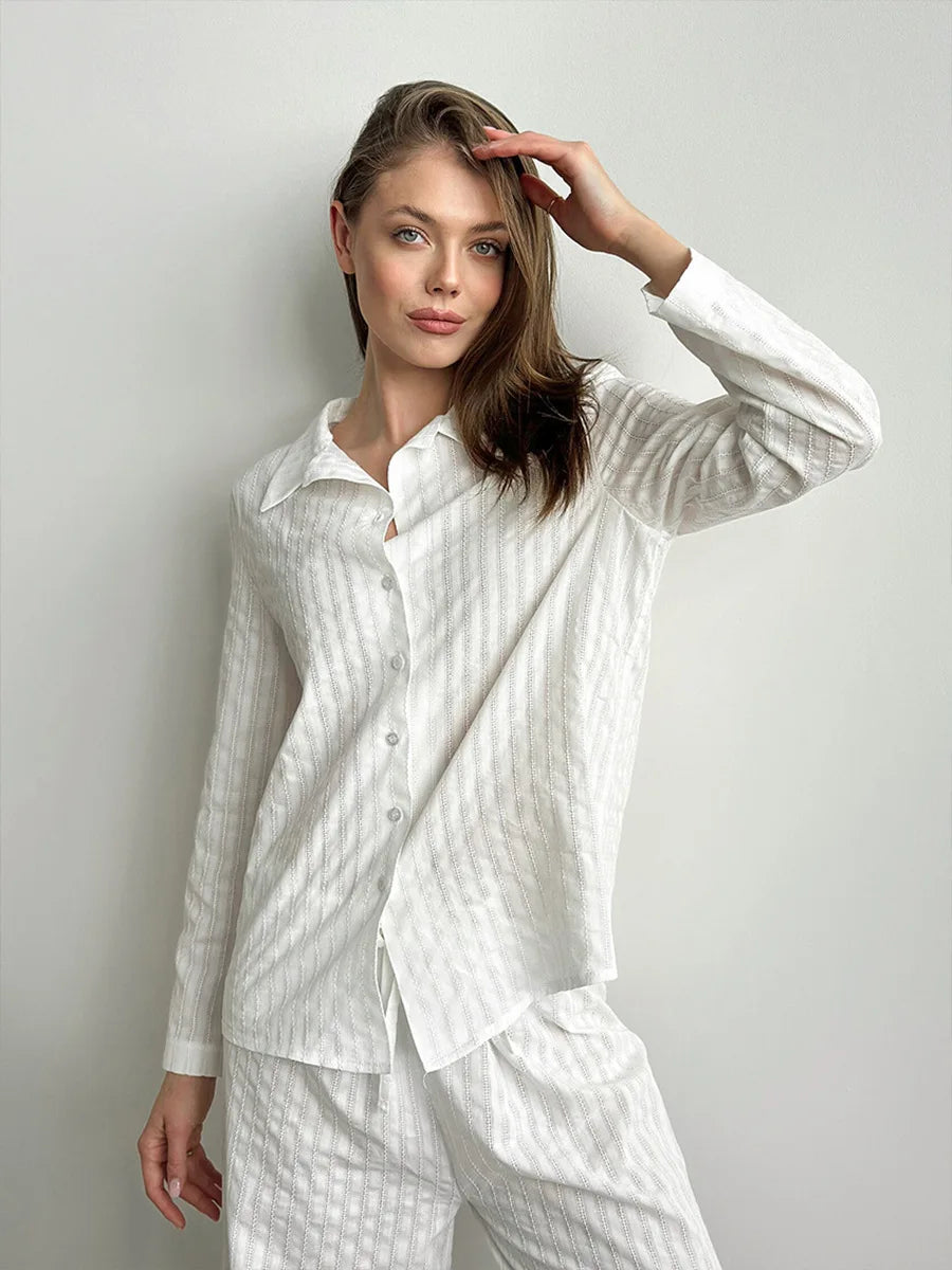 Blubelle 100% Cotton Cardigan Pants Pajama Set 2025 New Style Lapel Long Sleeved Long Pants Pajama Women's Casual Set