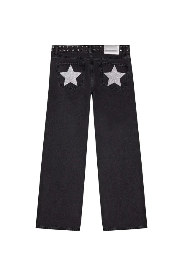 Y2K Vintage Jeans Flash Silver Star Pattern Metal Rivet Jeans Female Baggy Casual Straight Leg Denim Pants Simple Women Clothing