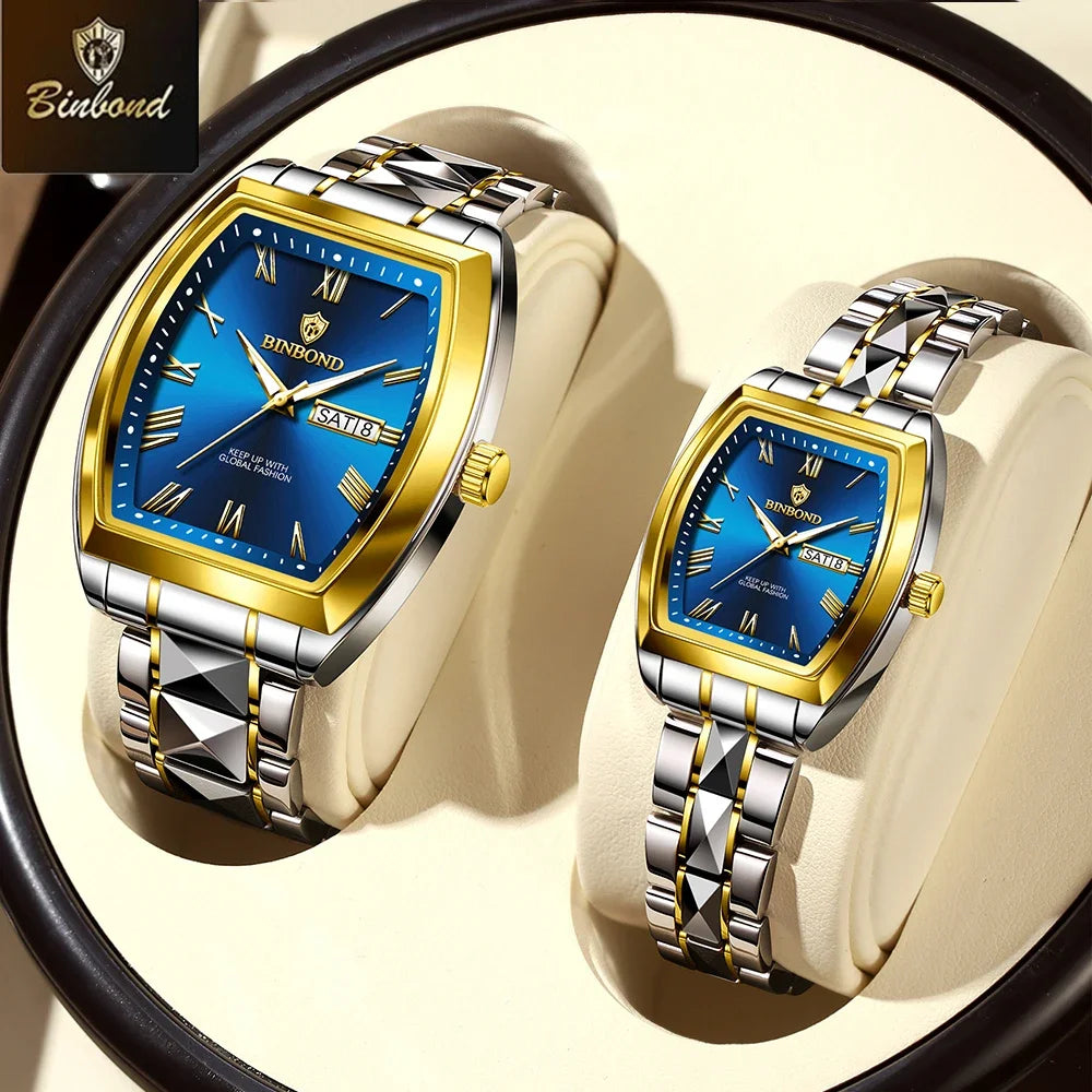 BINBOND 2pcs Couple Watches Fashion Square Quartz Watch for Lover Wateproof Luminous Date Week Men Ladies Valentine Wristwatch