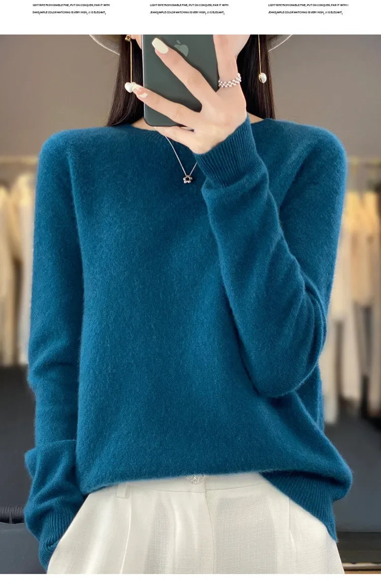 Elegant Crew Neck Knitwear Women's Long Sleeve Wool Sweater Simple Quality Base Layer Shirt Versatile Fashionable Chinese Brand