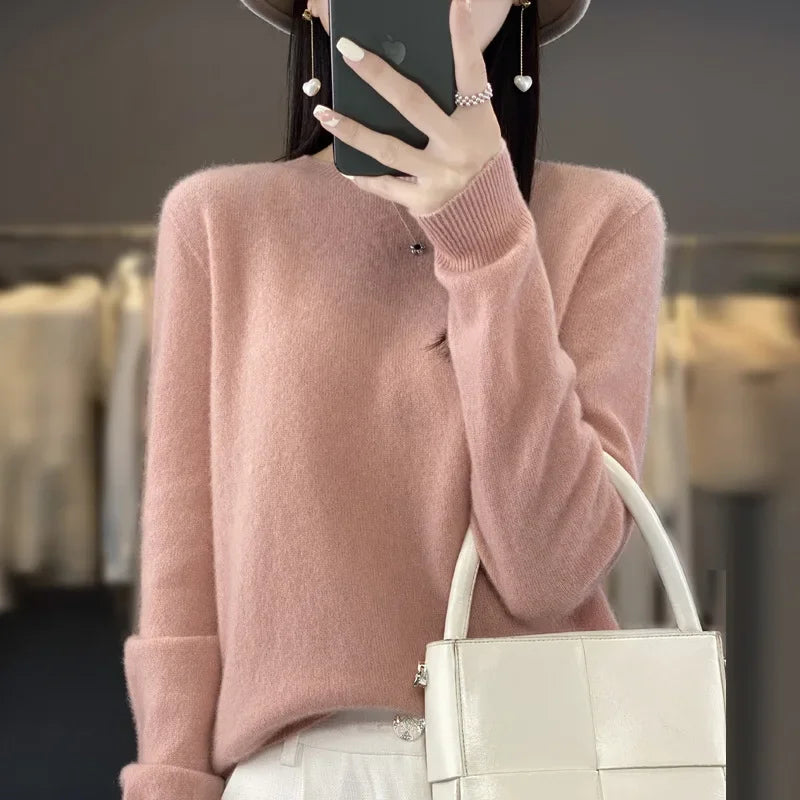Elegant Crew Neck Knitwear Women's Long Sleeve Wool Sweater Simple Quality Base Layer Shirt Versatile Fashionable Chinese Brand