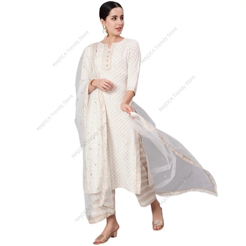Women's Indian Ethnic Print 3-Piece Kurta Set Mid-Length Cotton Suit with Palazzo Dupatta