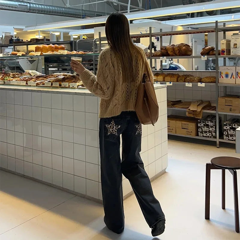 Y2K Vintage Jeans Flash Silver Star Pattern Metal Rivet Jeans Female Baggy Casual Straight Leg Denim Pants Simple Women Clothing