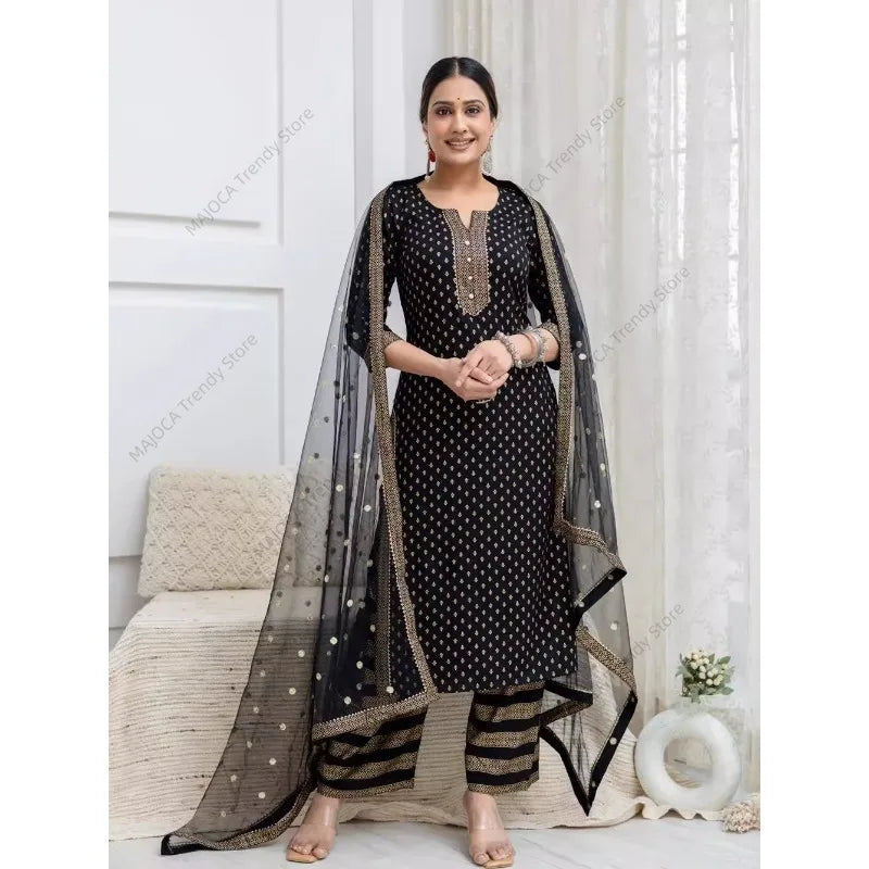 Women's Indian Ethnic Print 3-Piece Kurta Set Mid-Length Cotton Suit with Palazzo Dupatta