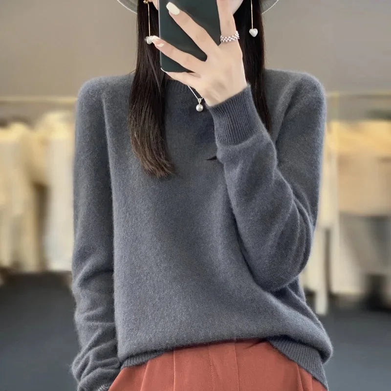 Elegant Crew Neck Knitwear Women's Long Sleeve Wool Sweater Simple Quality Base Layer Shirt Versatile Fashionable Chinese Brand
