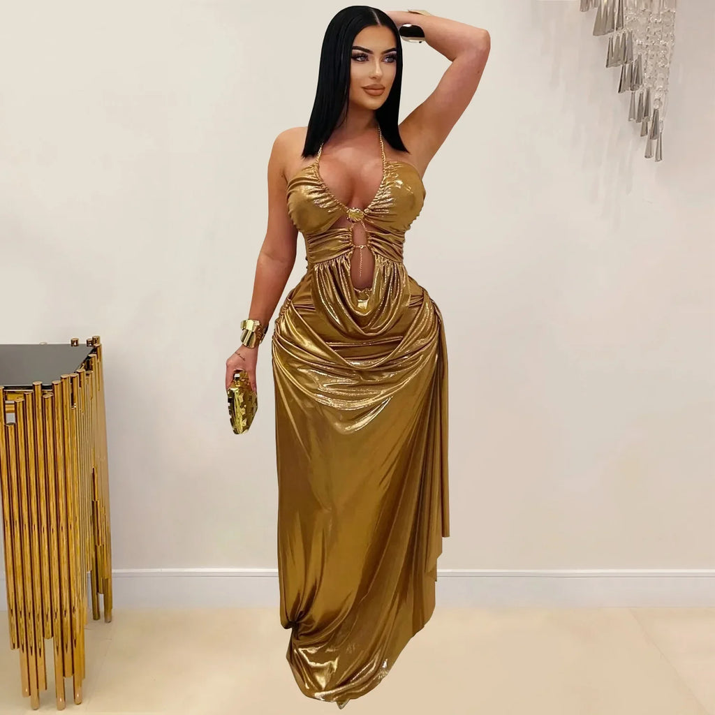 Fashionable Sexy Off-Shoulder Golden Chain Pleated Arm-Enveloping Dress Cross-Border Elegant Women's Long Ankle Dress