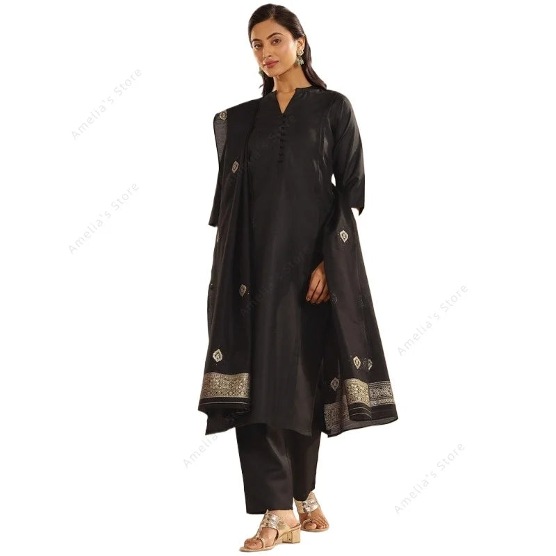 Women's Black Jacquard Kurta Pant Dupatta 3-PCS Set Elegant Indian Ethnic Suit for Festive Formal Wear Pakistani Dress