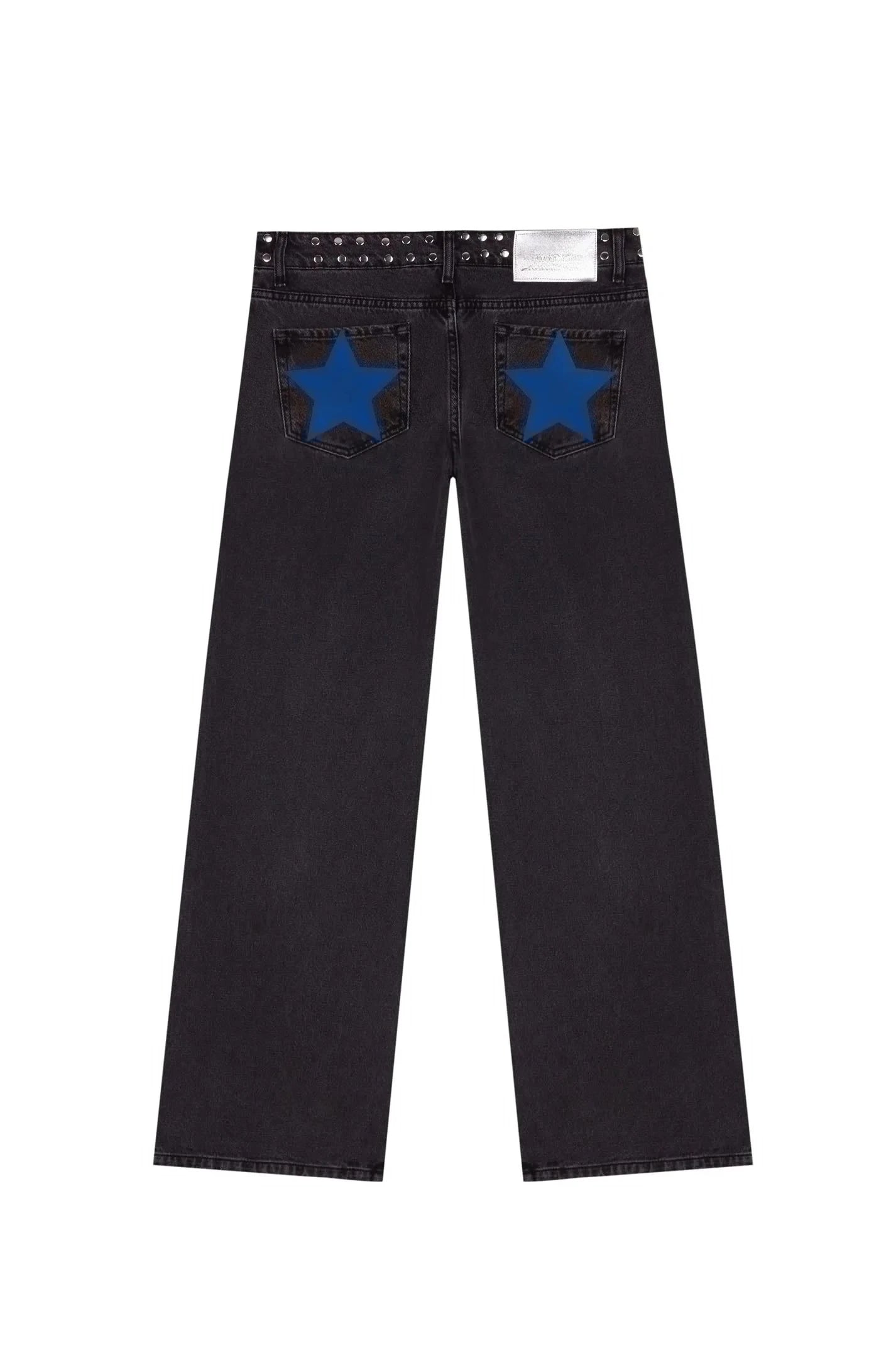 Y2K Vintage Jeans Flash Silver Star Pattern Metal Rivet Jeans Female Baggy Casual Straight Leg Denim Pants Simple Women Clothing