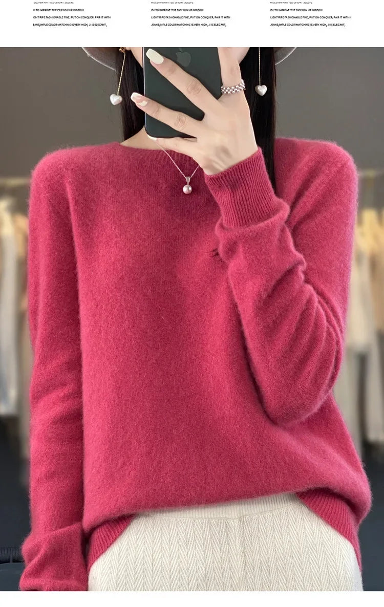 Elegant Crew Neck Knitwear Women's Long Sleeve Wool Sweater Simple Quality Base Layer Shirt Versatile Fashionable Chinese Brand