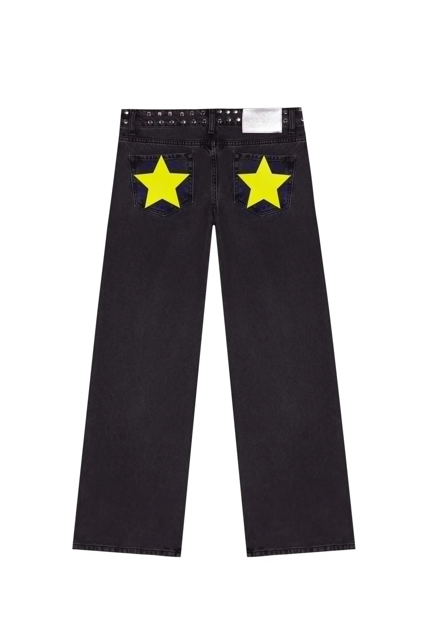 Y2K Vintage Jeans Flash Silver Star Pattern Metal Rivet Jeans Female Baggy Casual Straight Leg Denim Pants Simple Women Clothing