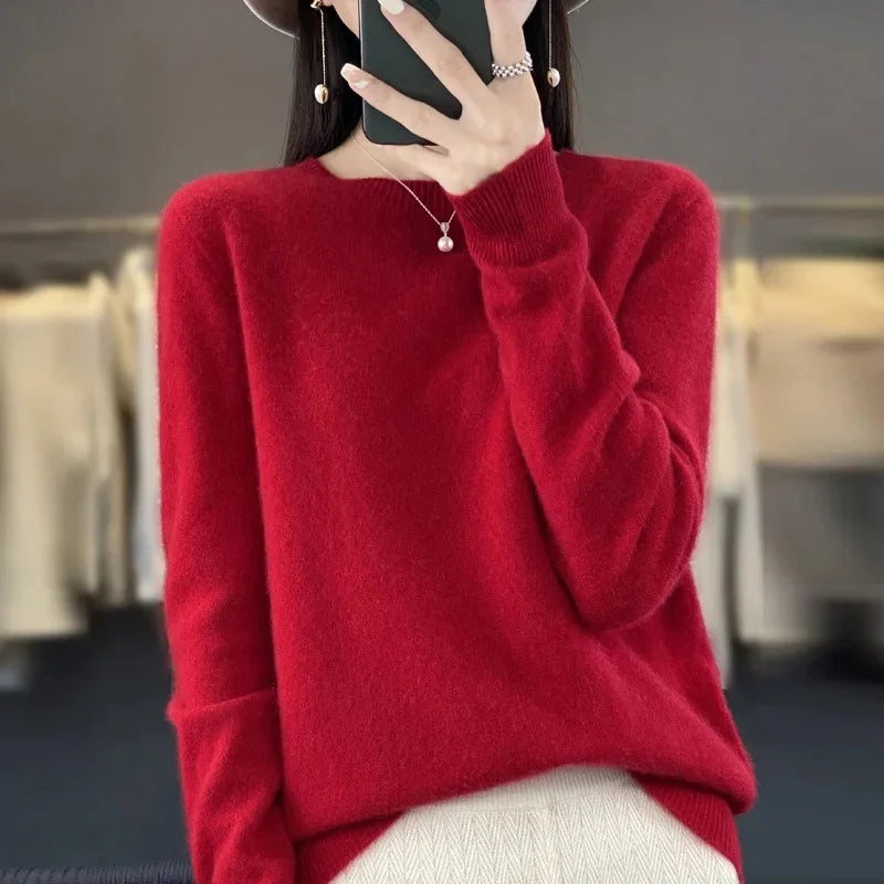 Elegant Crew Neck Knitwear Women's Long Sleeve Wool Sweater Simple Quality Base Layer Shirt Versatile Fashionable Chinese Brand