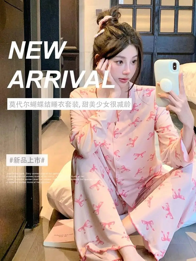 ElyraLux Women Night Wear Long Sleeves Pink Loungewear Leisure Sleepwear V-neck Two-Piece Set Bowknot Home clothing M-3XL