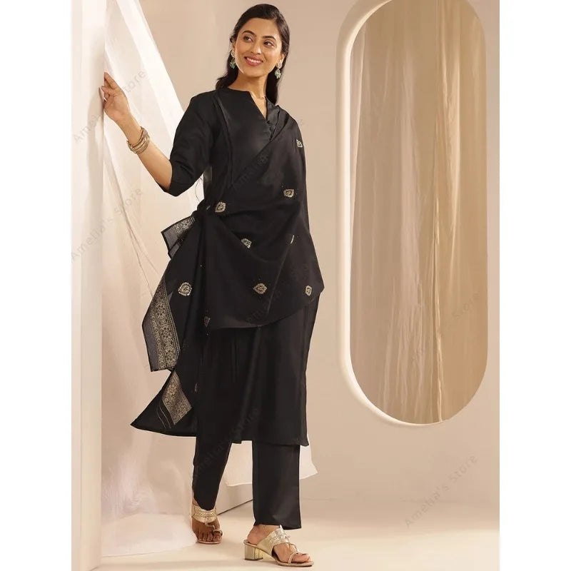 Women's Black Jacquard Kurta Pant Dupatta 3-PCS Set Elegant Indian Ethnic Suit for Festive Formal Wear Pakistani Dress