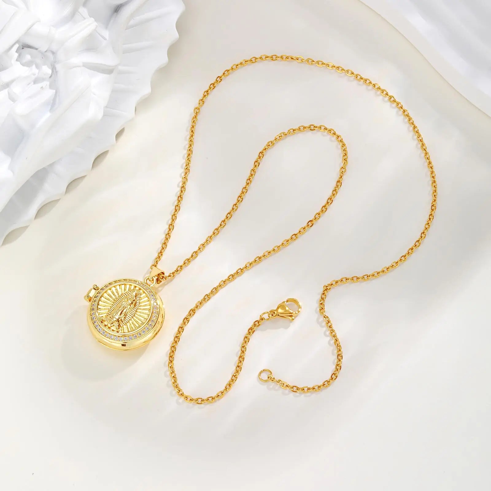 Round Zircon Virgin Mary Locked Pendant Necklace for Women, No Photo, Adjustable Link Jewelry
