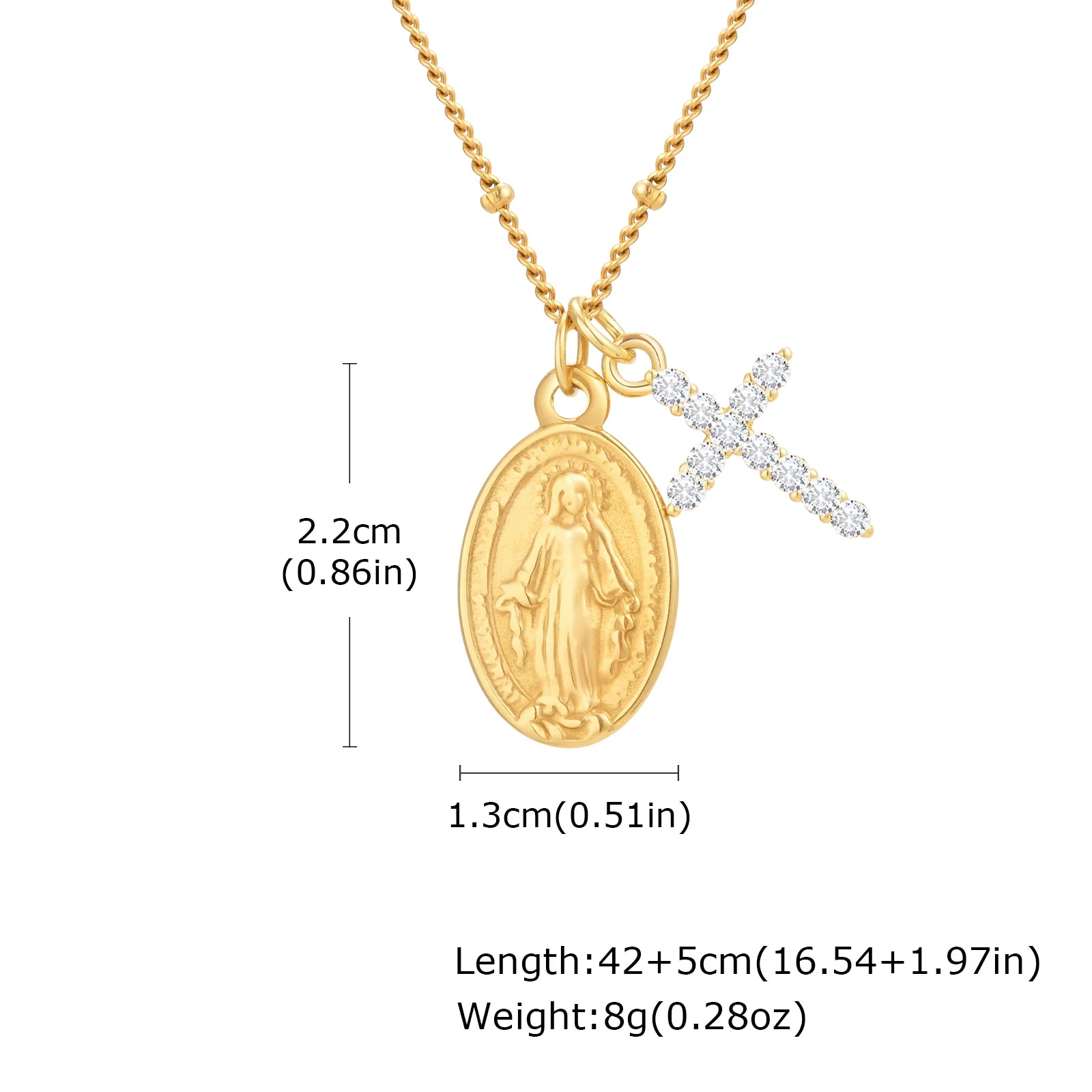Zircon Cross Virgin Mary Pendant Necklace for Women,Stainless Steel Gold Plated Bead Chain Necklace, Religious Prayer Jewelry