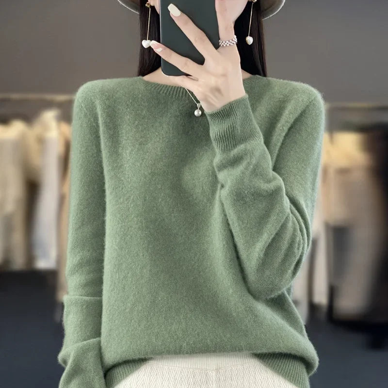 Elegant Crew Neck Knitwear Women's Long Sleeve Wool Sweater Simple Quality Base Layer Shirt Versatile Fashionable Chinese Brand