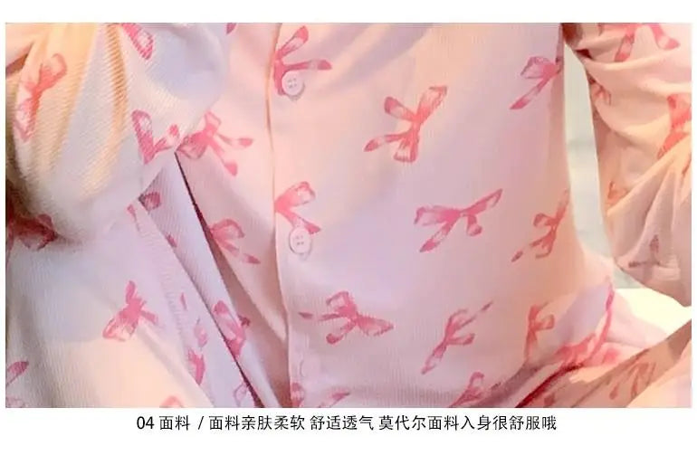 ElyraLux Women Night Wear Long Sleeves Pink Loungewear Leisure Sleepwear V-neck Two-Piece Set Bowknot Home clothing M-3XL