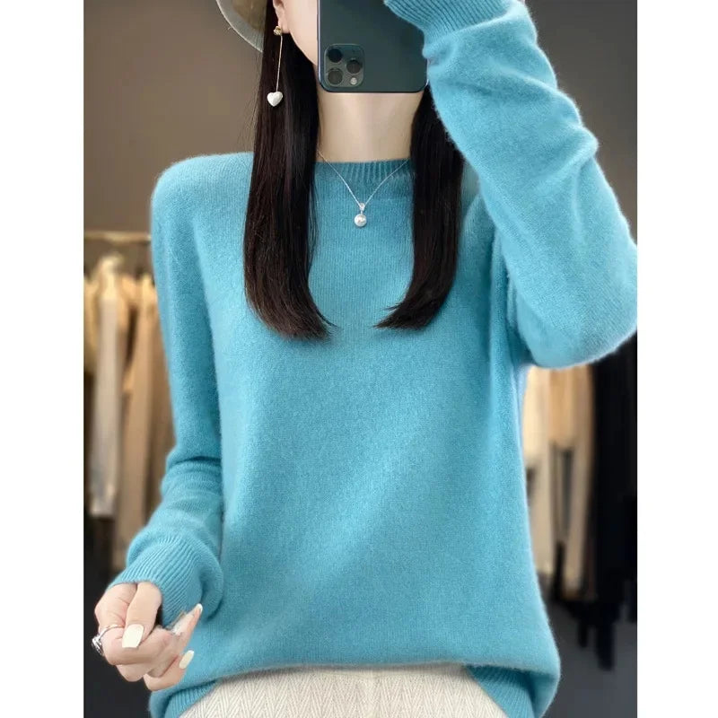 Elegant Crew Neck Knitwear Women's Long Sleeve Wool Sweater Simple Quality Base Layer Shirt Versatile Fashionable Chinese Brand