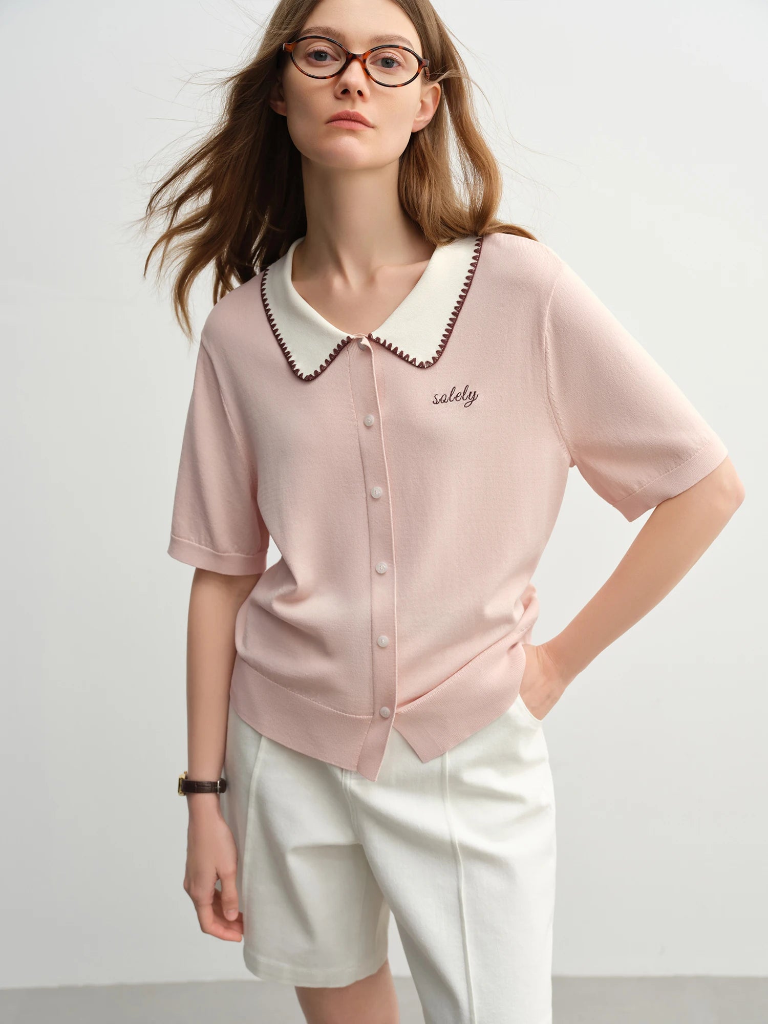 DUSHU Plus Size Women Contrast Color Lapel Knitted Short Sleeve Cardigan 2025 Summer New Polo Collar Tops for Women 25DS82256