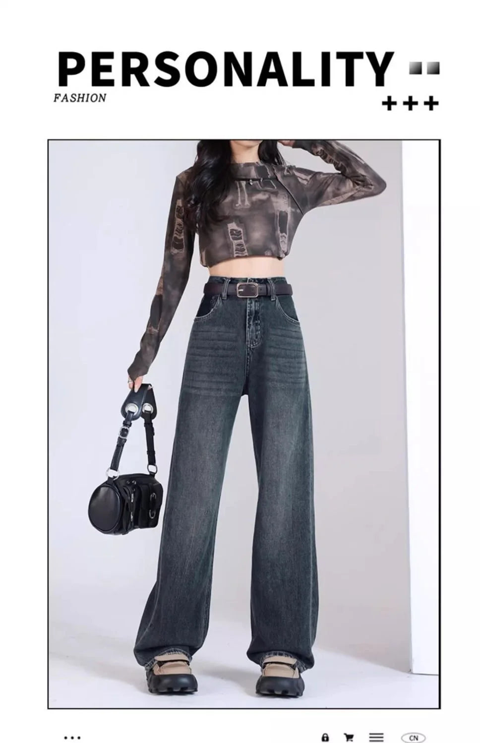 Womens Casual Straight Leg Jeans Loose Fit Denim Pants High Waist Light Blue Wide Leg Vintage Destroyed Autumn New Design