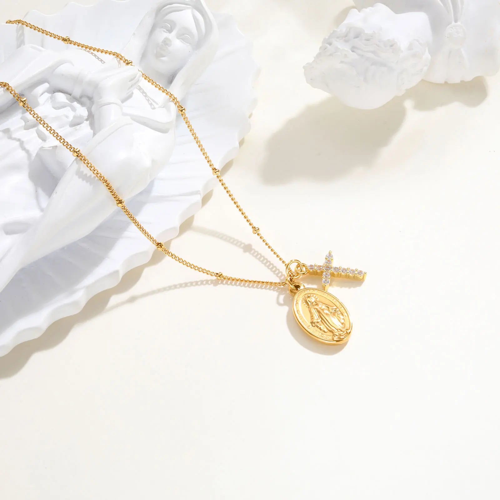 Zircon Cross Virgin Mary Pendant Necklace for Women,Stainless Steel Gold Plated Bead Chain Necklace, Religious Prayer Jewelry