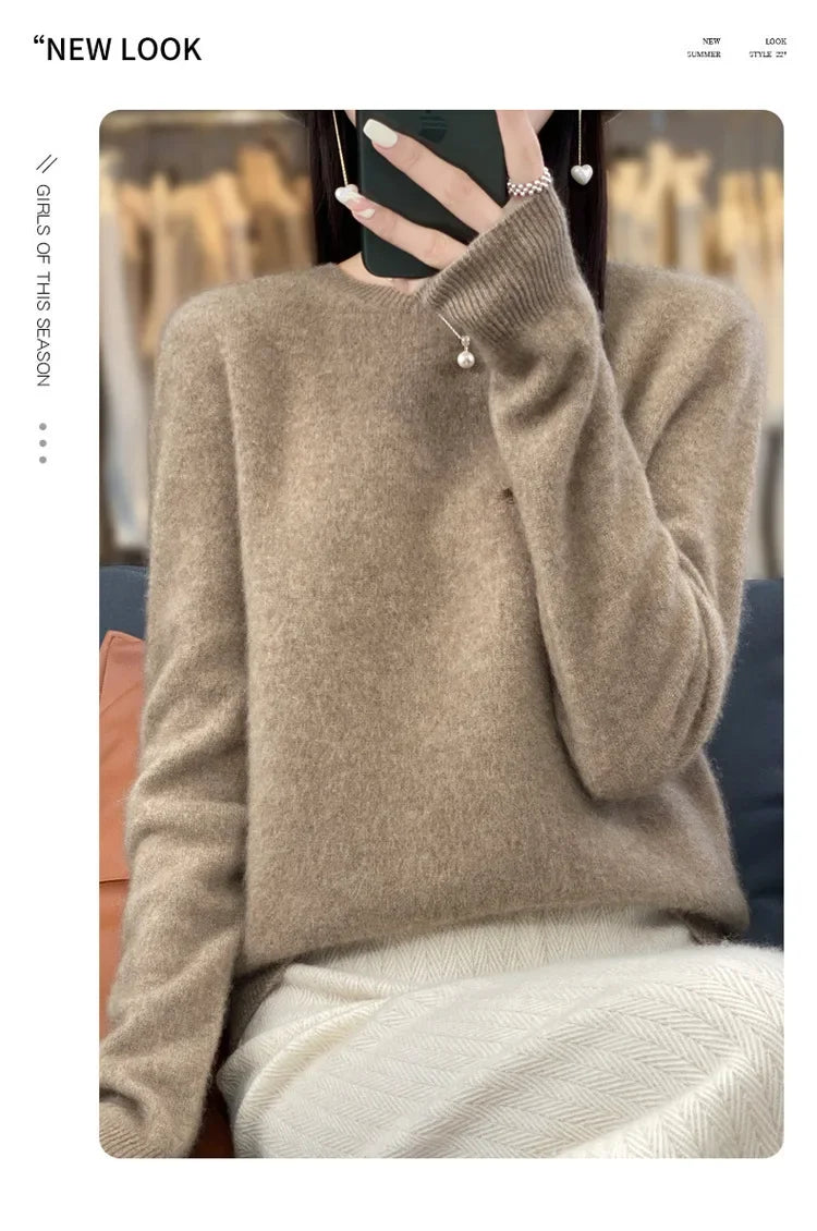 Elegant Crew Neck Knitwear Women's Long Sleeve Wool Sweater Simple Quality Base Layer Shirt Versatile Fashionable Chinese Brand