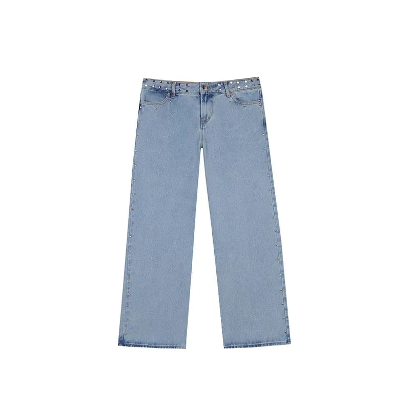 Y2K Vintage Jeans Flash Silver Star Pattern Metal Rivet Jeans Female Baggy Casual Straight Leg Denim Pants Simple Women Clothing